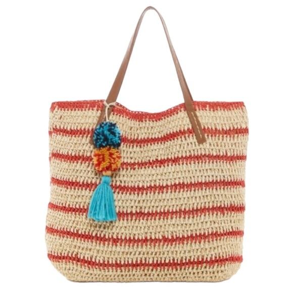 Straw Studios Handbags - Straw Studios Stripe Pool Tote Beach Bag Colorful PomPoms Tassels Colorful NWT